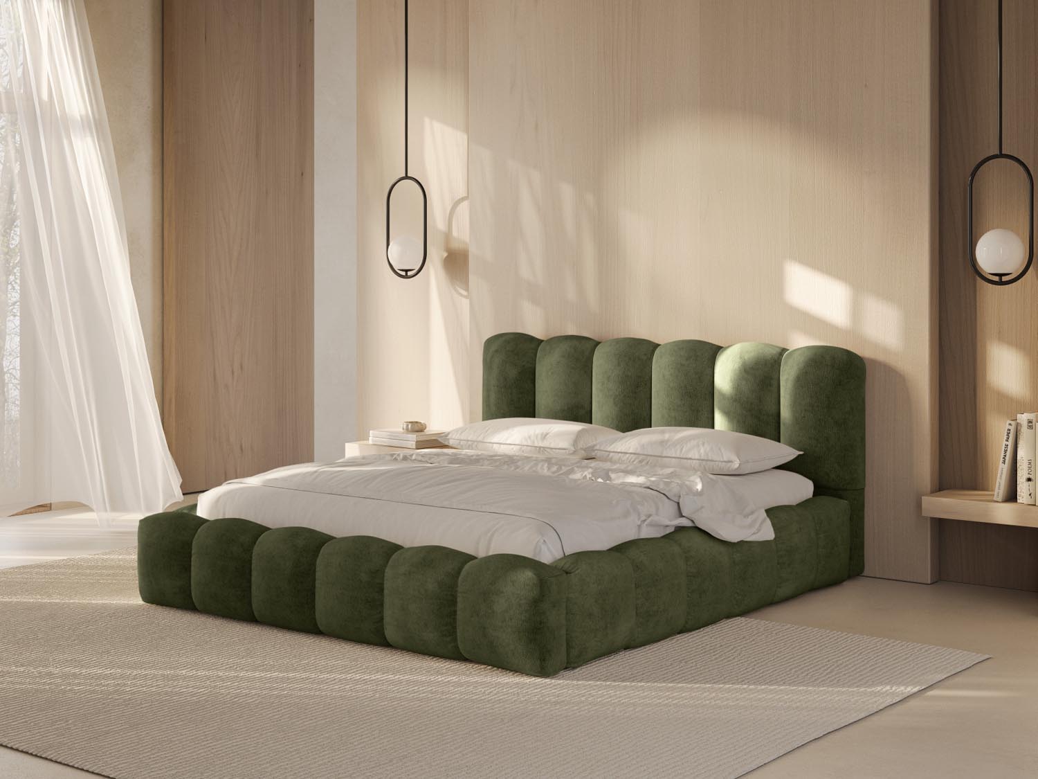 Elegantes Lupine Bett in sanftem Lichtgrün mit praktischem Stauraum und stilvollem Headboard, ideal für moderne Schlafzimmer.