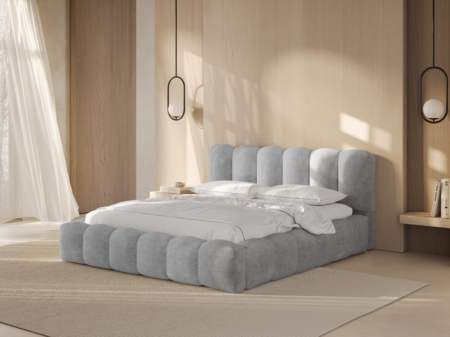 Elegantes Lupine Bett in Silber mit praktischem Stauraum und stilvollem Headboard, ideal für moderne Schlafzimmer.