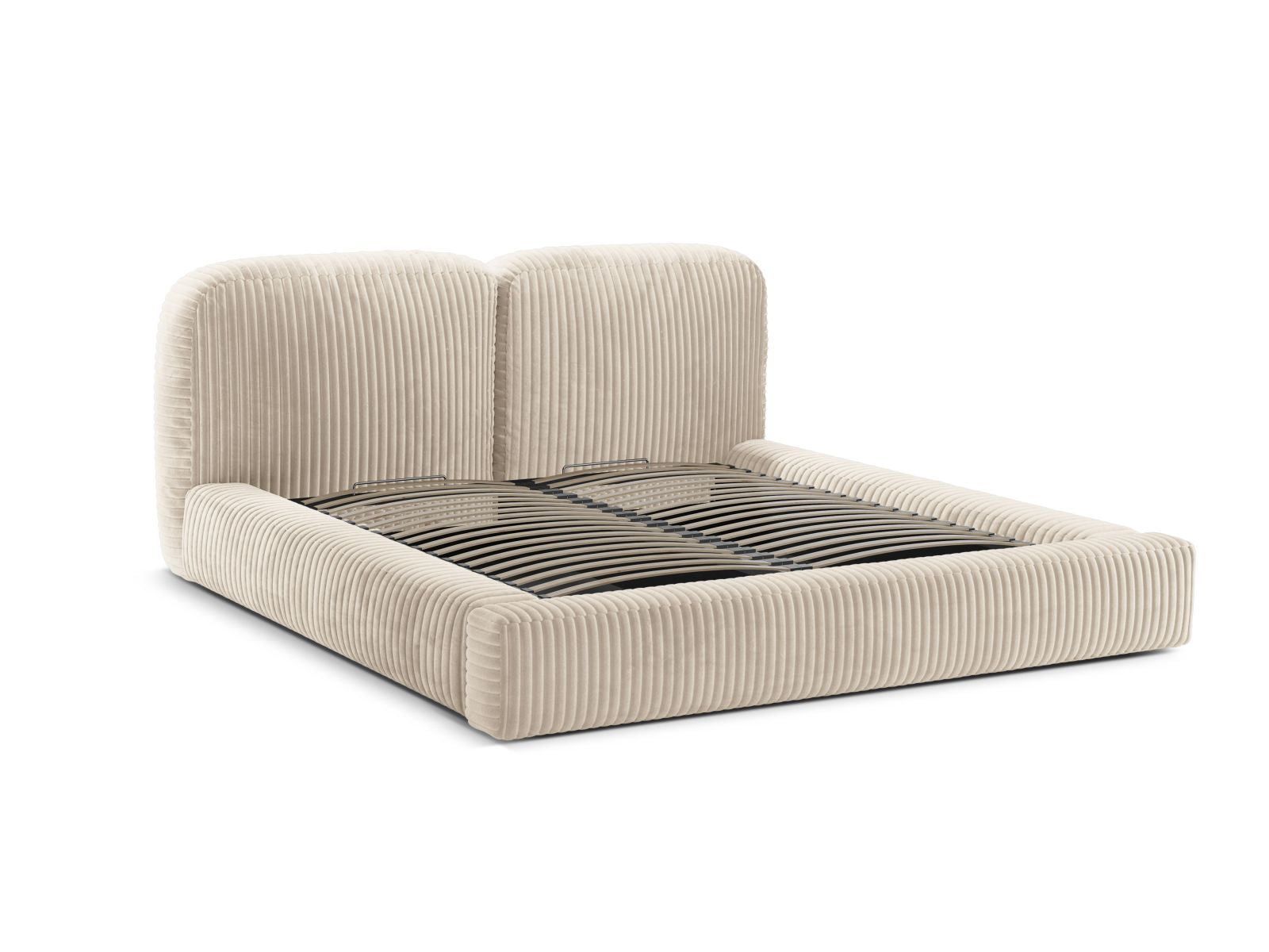 Elegantes Martina Bett in hellem Beige, bietet cleveren Stauraum und ein modernes Kopfteil für ein gemütliches Schlafzimmerambiente.