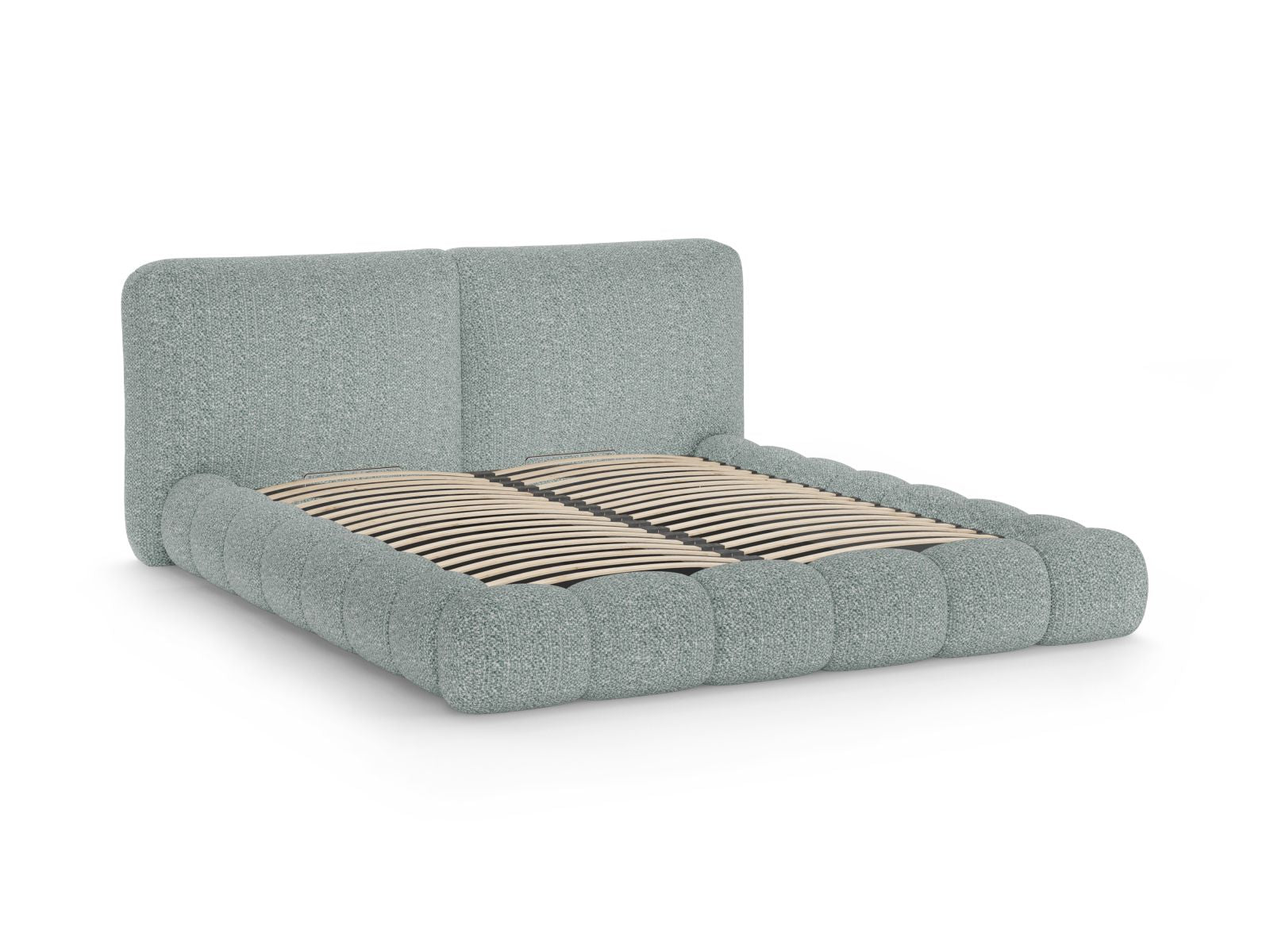 Elegantes Solange Bett in sanftem Blau mit 180 cm hohem Kopfteil und praktischem Stauraum, ideal für ein modernes Schlafzimmer.