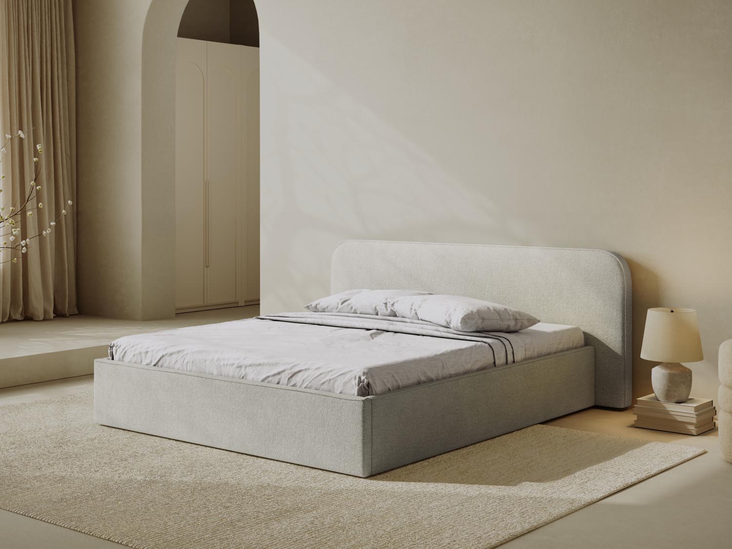 Erleben Sie das elegante Elizabeth Boucle Bett von Micadoni. Mit integriertem Stauraum und einem stilvollen Headboard – perfekt für Ihr modernes Schlafzimmer!