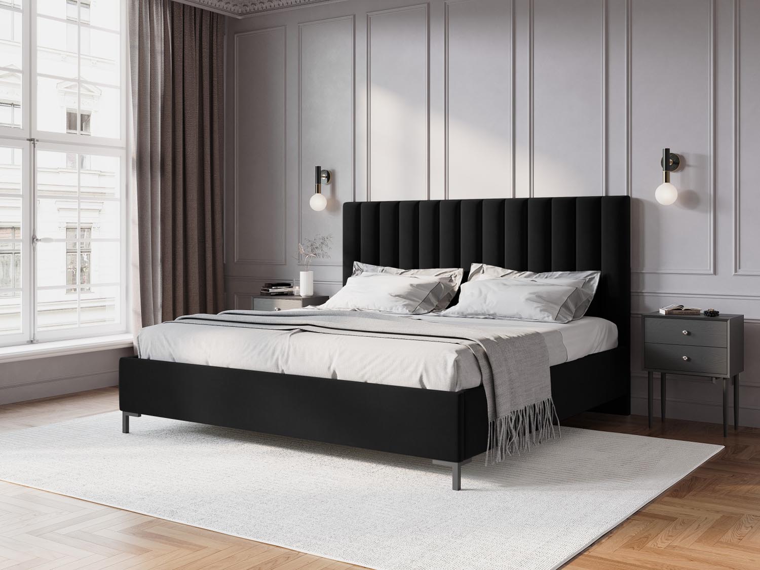 Erleben Sie das elegante Allison Velour Bett von Micadoni – perfekt für Ihr modernes Schlafzimmer, mit praktischem Stauraum und stilvollem Kopfteil.