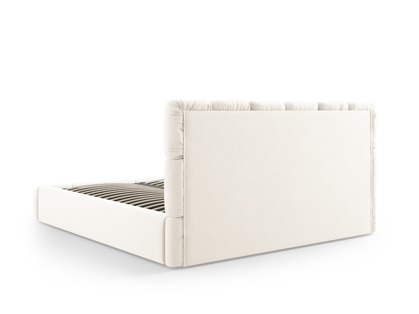 Stilvolles Bellis Velour Bett in sanftem Beige, ausgestattet mit praktischem Stauraum und einem eleganten Kopfteil für modernen Komfort.