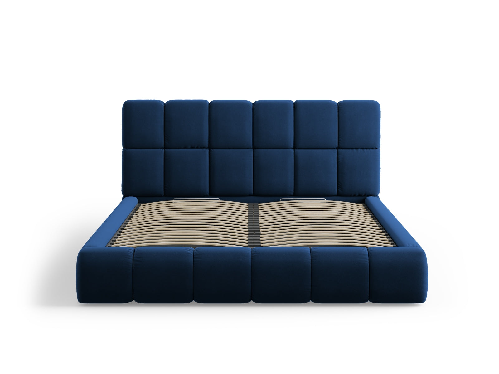 Elegantes Bellis Velour Bett in Royal Blue mit praktischem Stauraum und stilvollem Kopfteil, ideal für ein modernes Schlafzimmer.