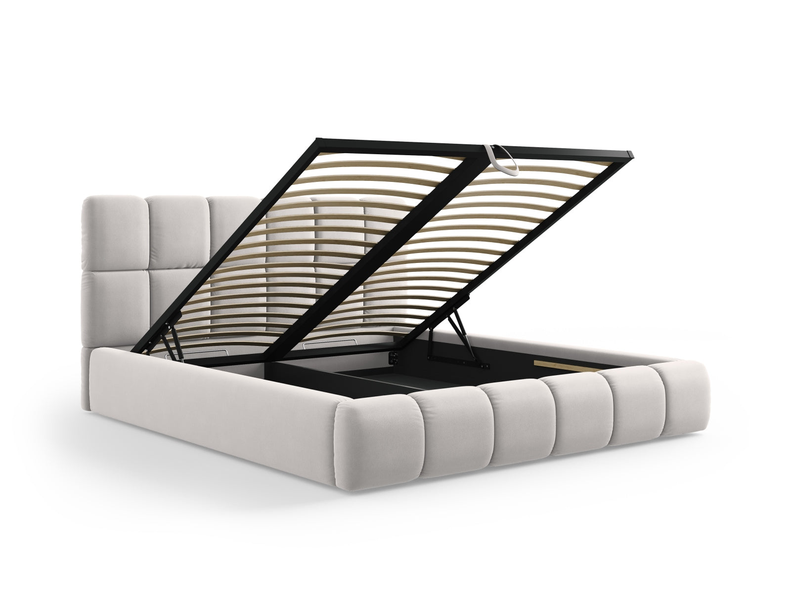 Elegantes Bellis Velour Bett in Silver-Bluvel, bietet cleveren Stauraum und ein stilvolles Kopfteil für zeitgemäße Schlafzimmergestaltung.