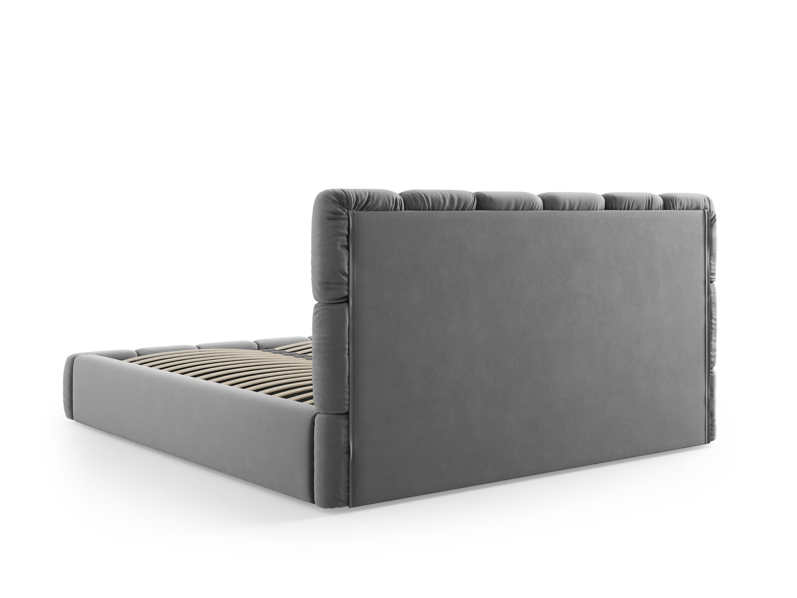 Stylisches Bellis Velour Bett in Grau-Blau mit praktischem Stauraum und ansprechendem Kopfteil, perfekt für moderne Schlafzimmer.