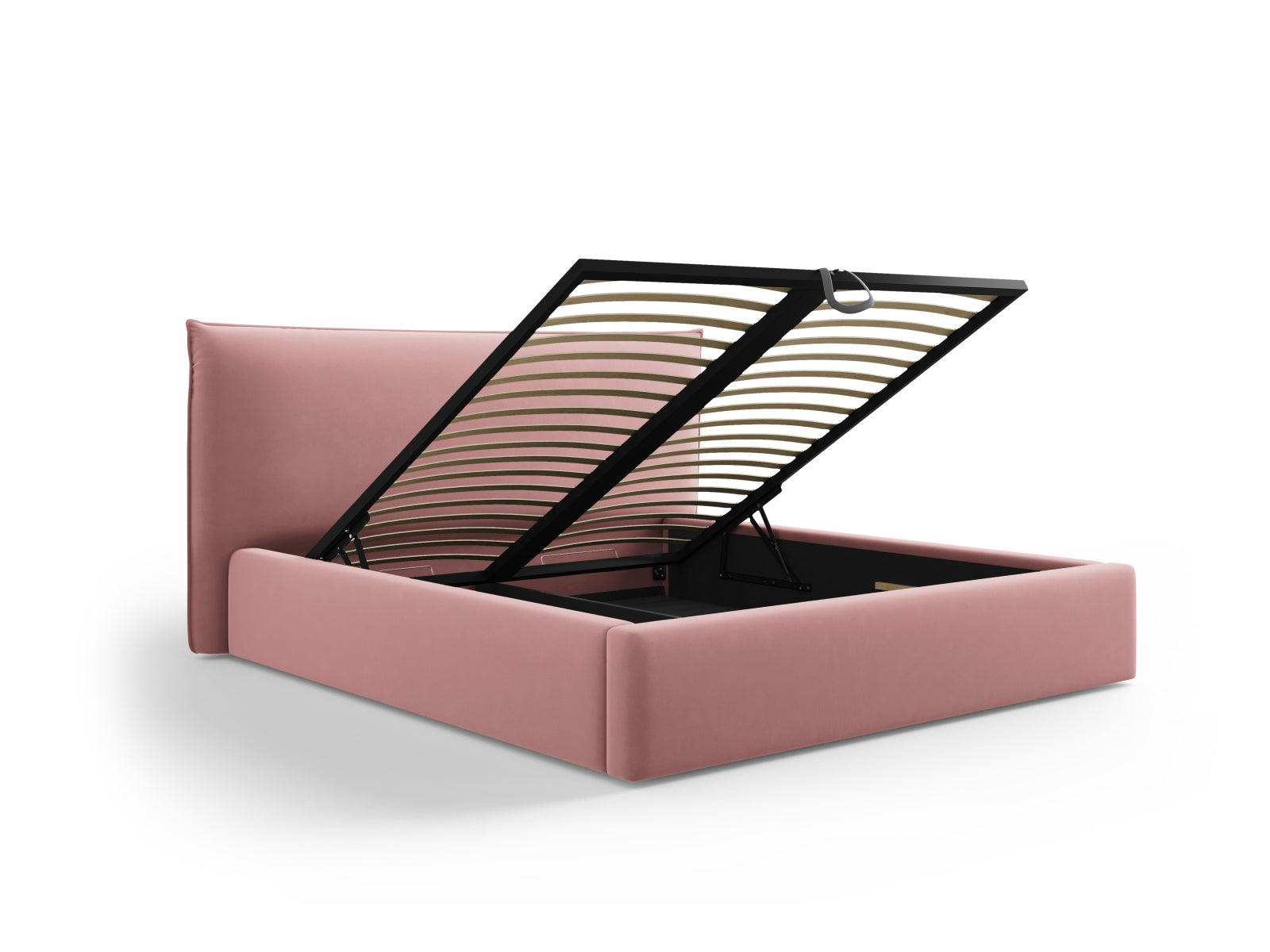 Elegantes Kaelle Velour Bett in sanften Farben, bietet großzügigen Stauraum und ein modernes Kopfteil für stilvolles Wohnen.