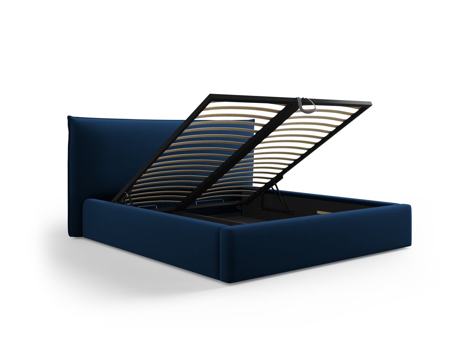 Elegantes Kaelle Velour Bett in Royal Blue, 180 cm, mit praktischem Stauraum und stilvollem Kopfteil für modernes Wohnen.