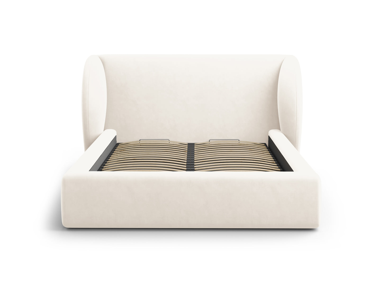 Luxuriöses Miley Velour Bett in sanftem Beige, ausgestattet mit praktischem Stauraum und einem modernen Kopfteil für stilvolle Schlafzimmer.