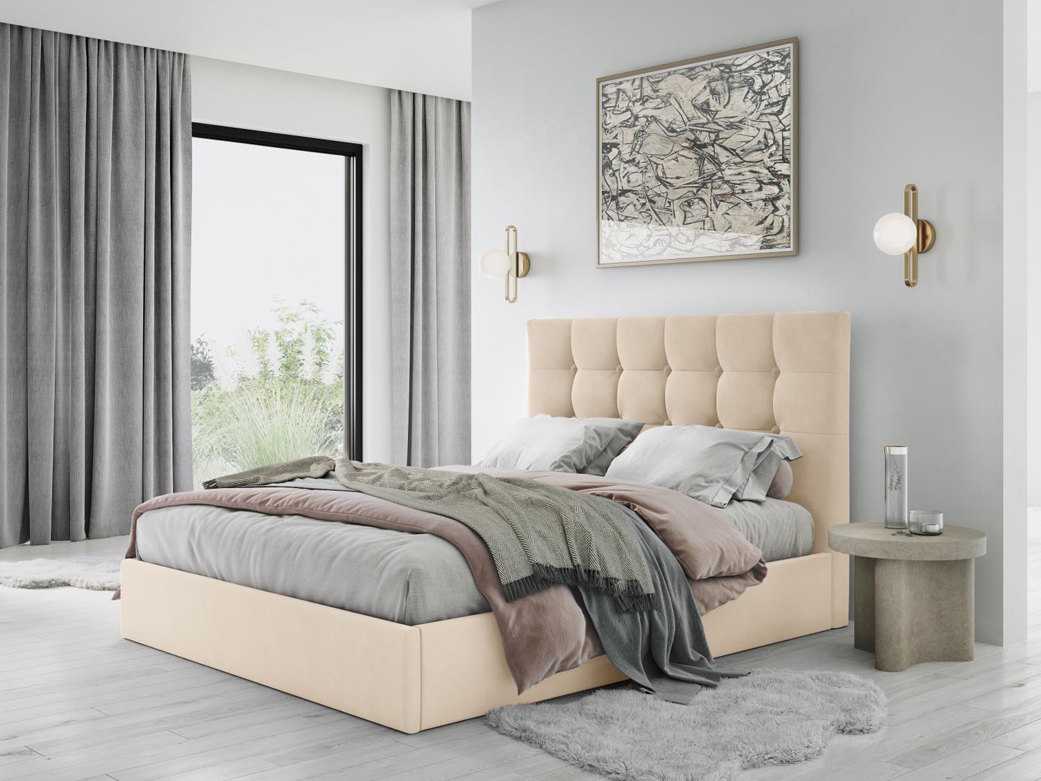 Erleben Sie das elegante Phaedra Velour Bett von Micadoni – perfekt für Ihr modernes Schlafzimmer, ausgestattet mit praktischem Stauraum und einem komfortablen Headboard.
