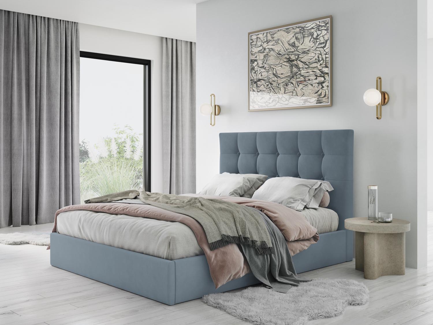 Erleben Sie das elegante Phaedra Velour Bett von Micadoni – perfekt für Ihr modernes Schlafzimmer, ausgestattet mit praktischem Stauraum und einem komfortablen Headboard.