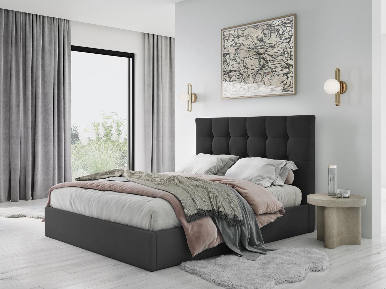 Erleben Sie das elegante Phaedra Velour Bett von Micadoni – perfekt für Ihr modernes Schlafzimmer, ausgestattet mit praktischem Stauraum und einem komfortablen Headboard.