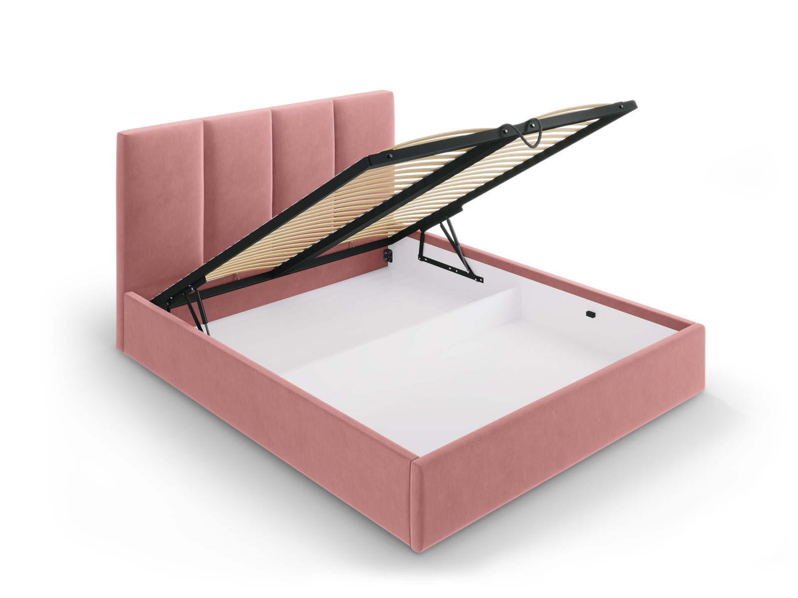Entdecken Sie das elegante Pyla Velour Bett von Micadoni – ideal für Ihr modernes Schlafzimmer, mit praktischem Stauraum und komfortablem Kopfteil.