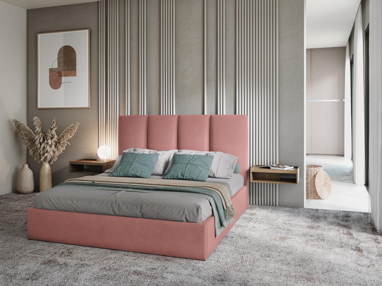 Erleben Sie das stilvolle Pyla Velour Bett von Micadoni – perfekt für Ihr modernes Schlafzimmer, mit cleverem Stauraum und gemütlichem Headboard.