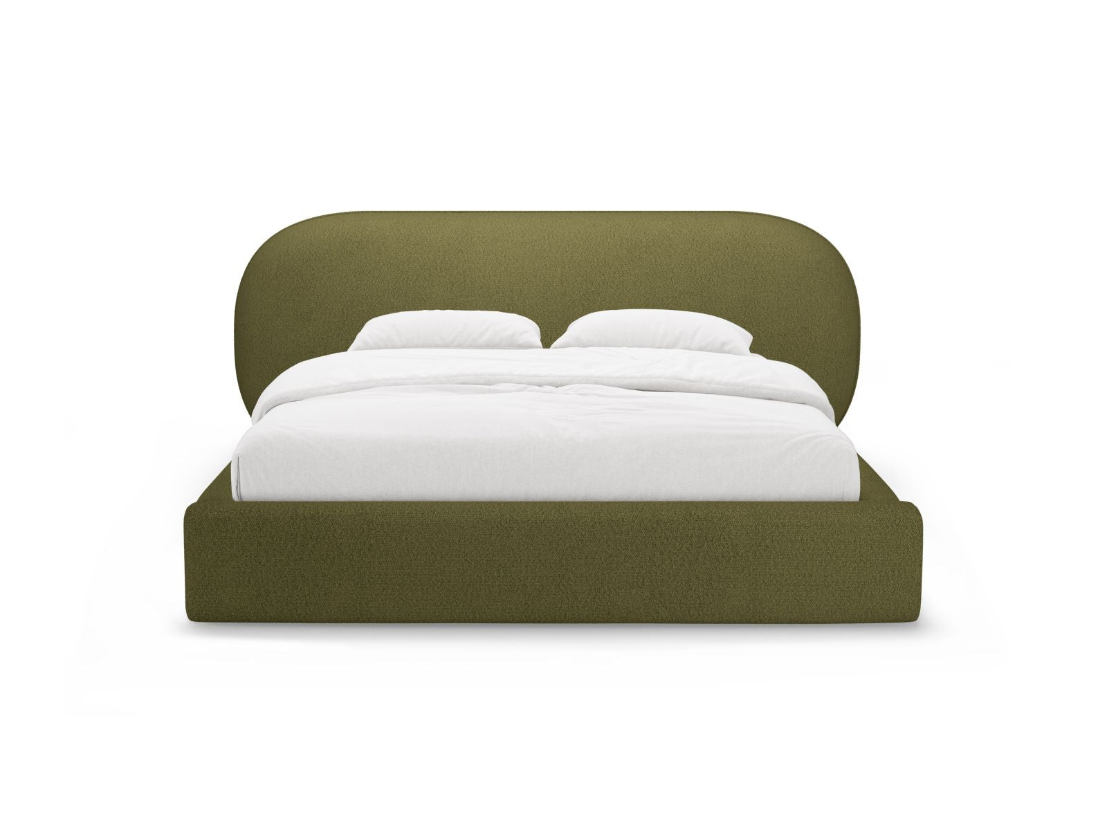 Elegantes Ovalo Bett mit Stauraum und Kopfteil in Dunkelolivgrün, ideal für stilvolle Schlafzimmergestaltung.