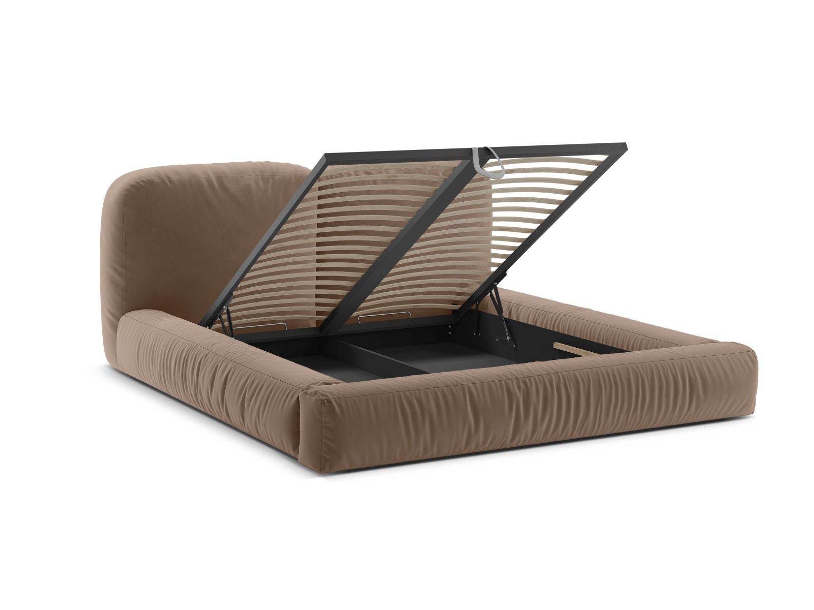 Stilvolles Martina Bett in Dark Beige-Vogue mit integriertem Stauraum und elegantem Kopfteil, perfekt für zeitgemäße Schlafzimmergestaltung.