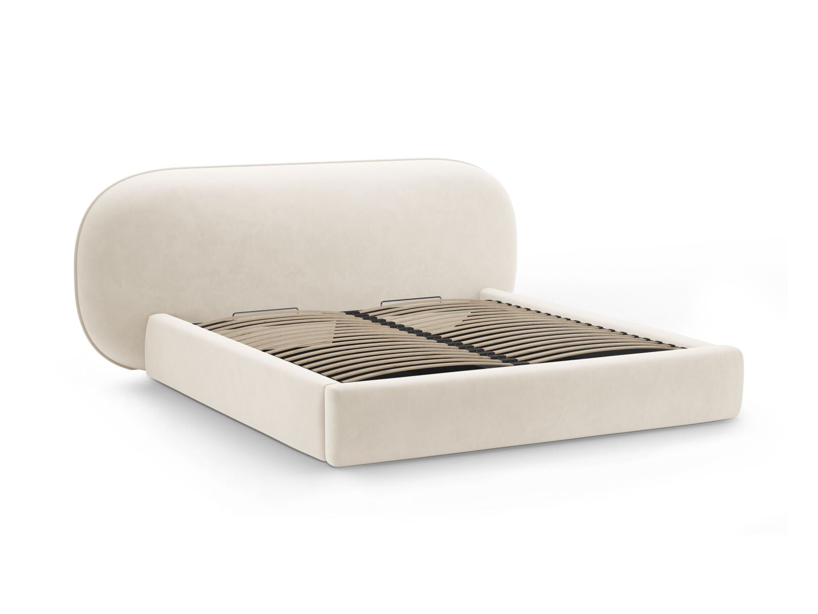 Modernes Ovalo Bett mit 200 cm Breite, praktischen Stauraum und weichem Kopfteil in Ivory-Magic Velvet, perfekt für ein elegantes Ambiente.