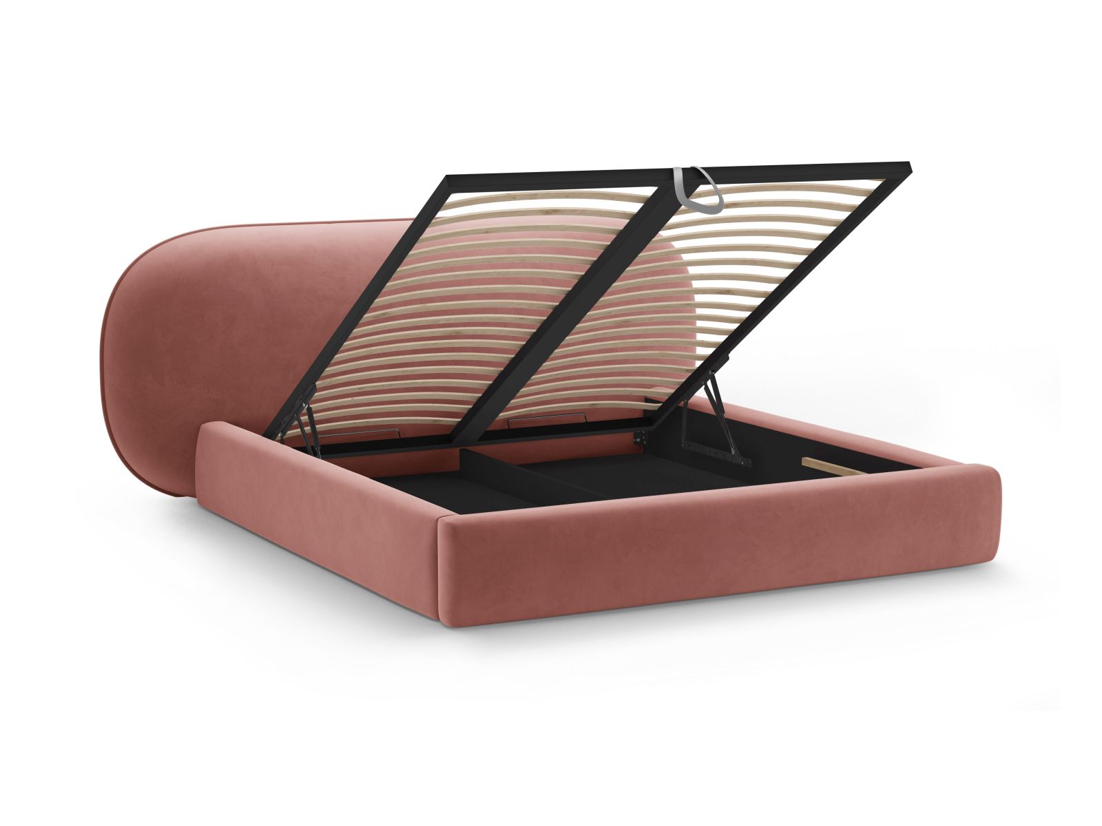 Elegantes Ovalo Bett in Pink-Magic Velvet, bietet großzügigen Stauraum und ein geschmackvolles Kopfteil für ein modernes Schlafzimmer.