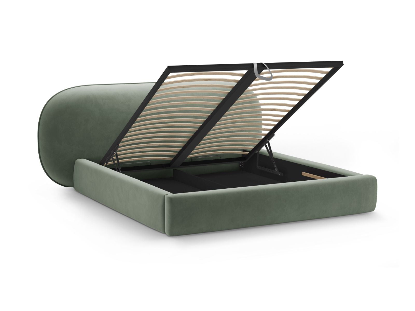 Elegantes Ovalo Bett mit 200 cm Kopfteil und praktischem Stauraum, in grünem Magic Velvet für ein modernes Schlafzimmerdesign.