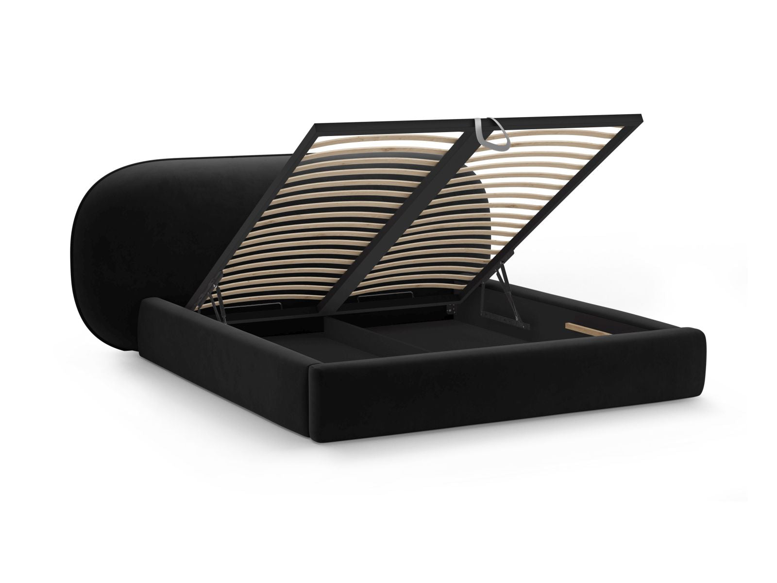 Elegantes Ovalo Bett mit 200 cm Breite, ausgestattet mit praktischem Stauraum und einem luxuriösen Kopfteil aus Black-Magic Velvet.