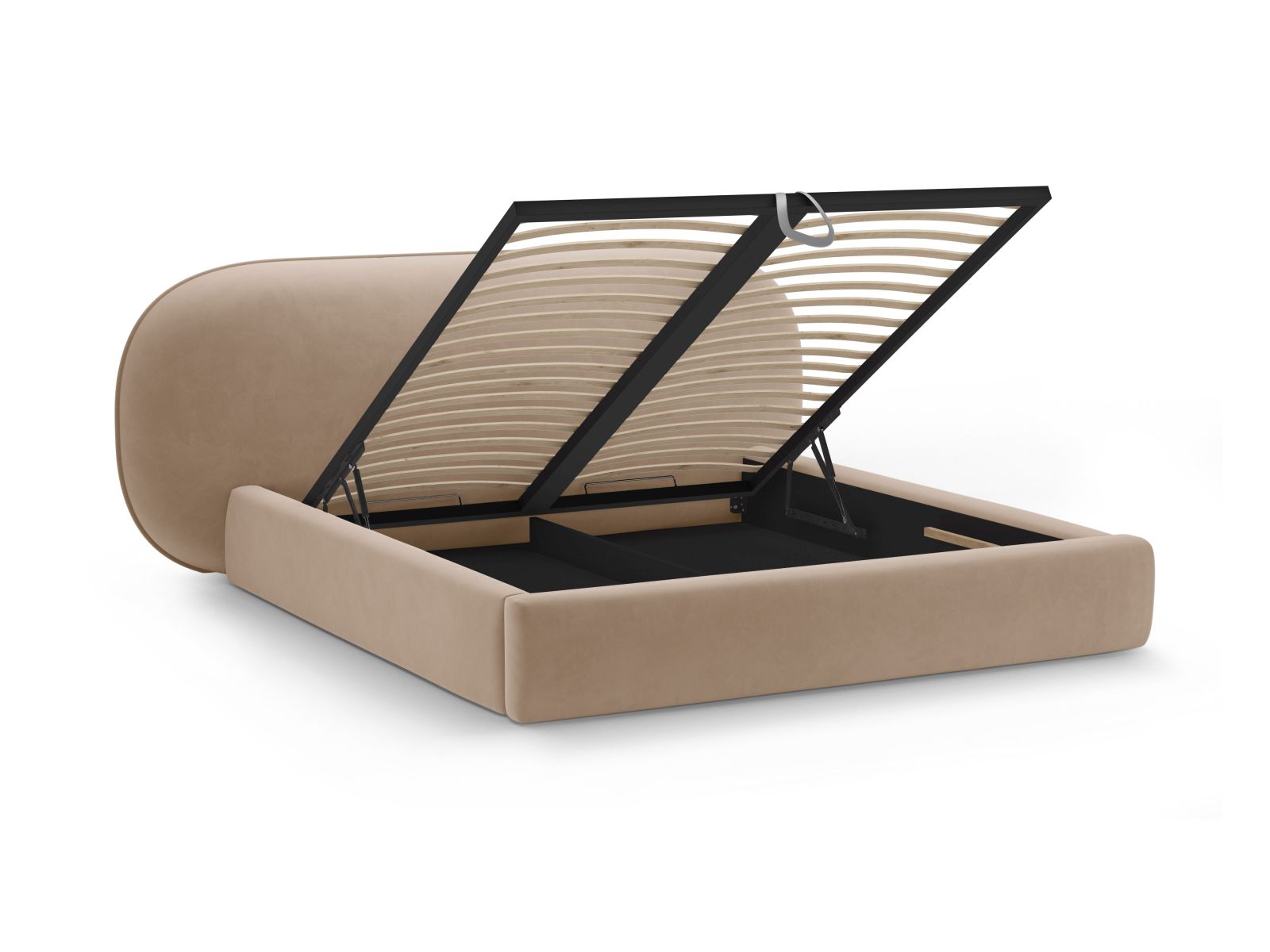 Elegantes Ovalo Bett in zartem Almond Beige, gefertigt aus hochwertigem Magic Velvet, bietet zusätzlichen Stauraum und ein stilvolles Kopfteil.