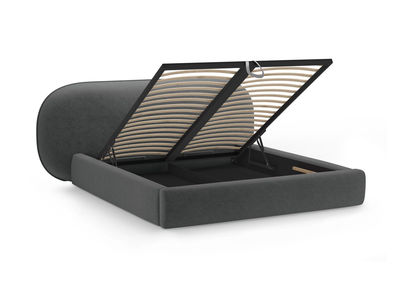 Elegantes Ovalo Bett mit praktischem Stauraum und stilvollem Kopfteil in Dunkelgrau, ideal für ein modernes Schlafzimmer.