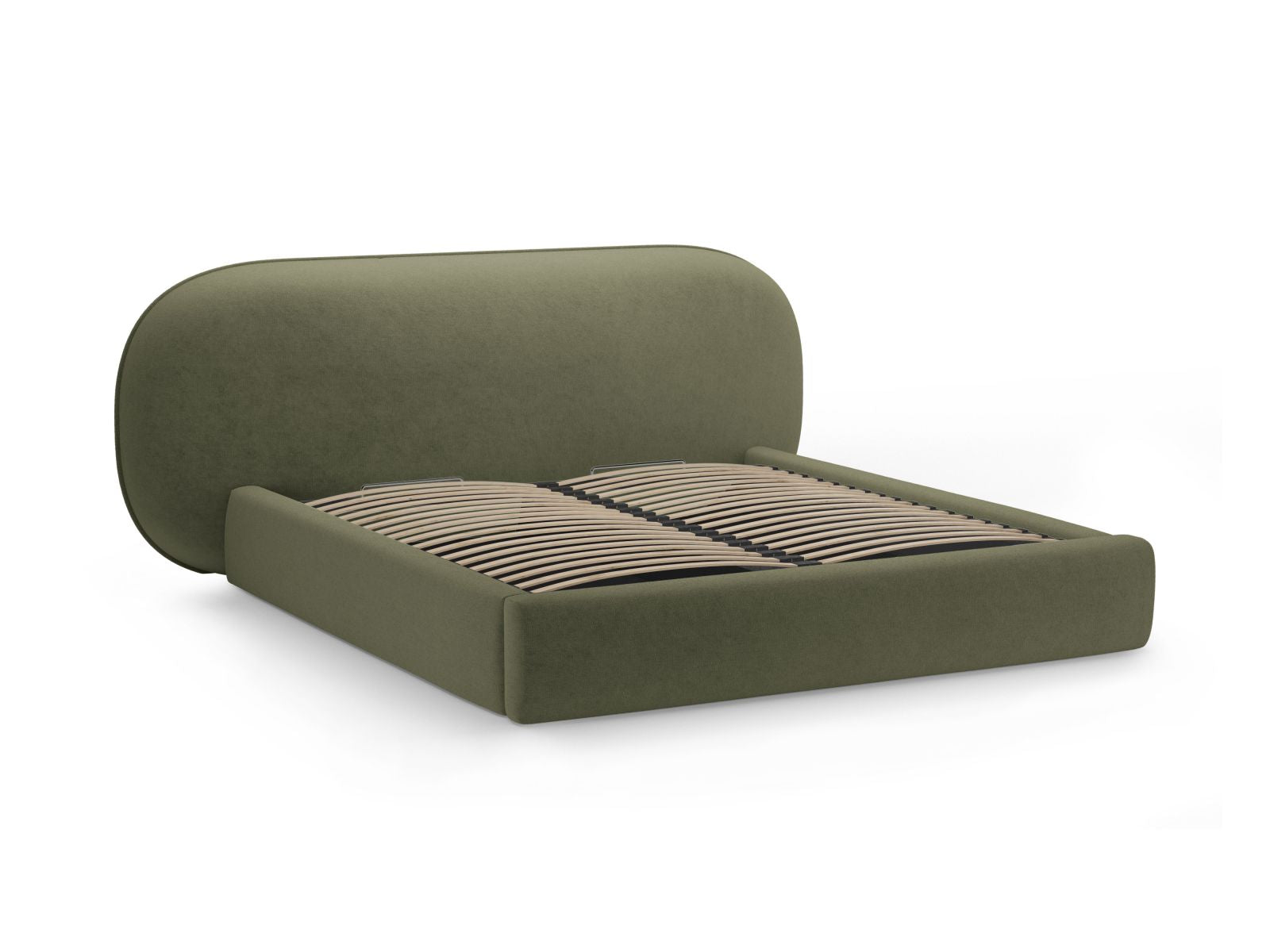 Modernes Ovalo Bett mit 200 cm hohem Kopfteil und integriertem Stauraum, perfekt für funktionale und stilvolle Schlafzimmer von Micadoni.