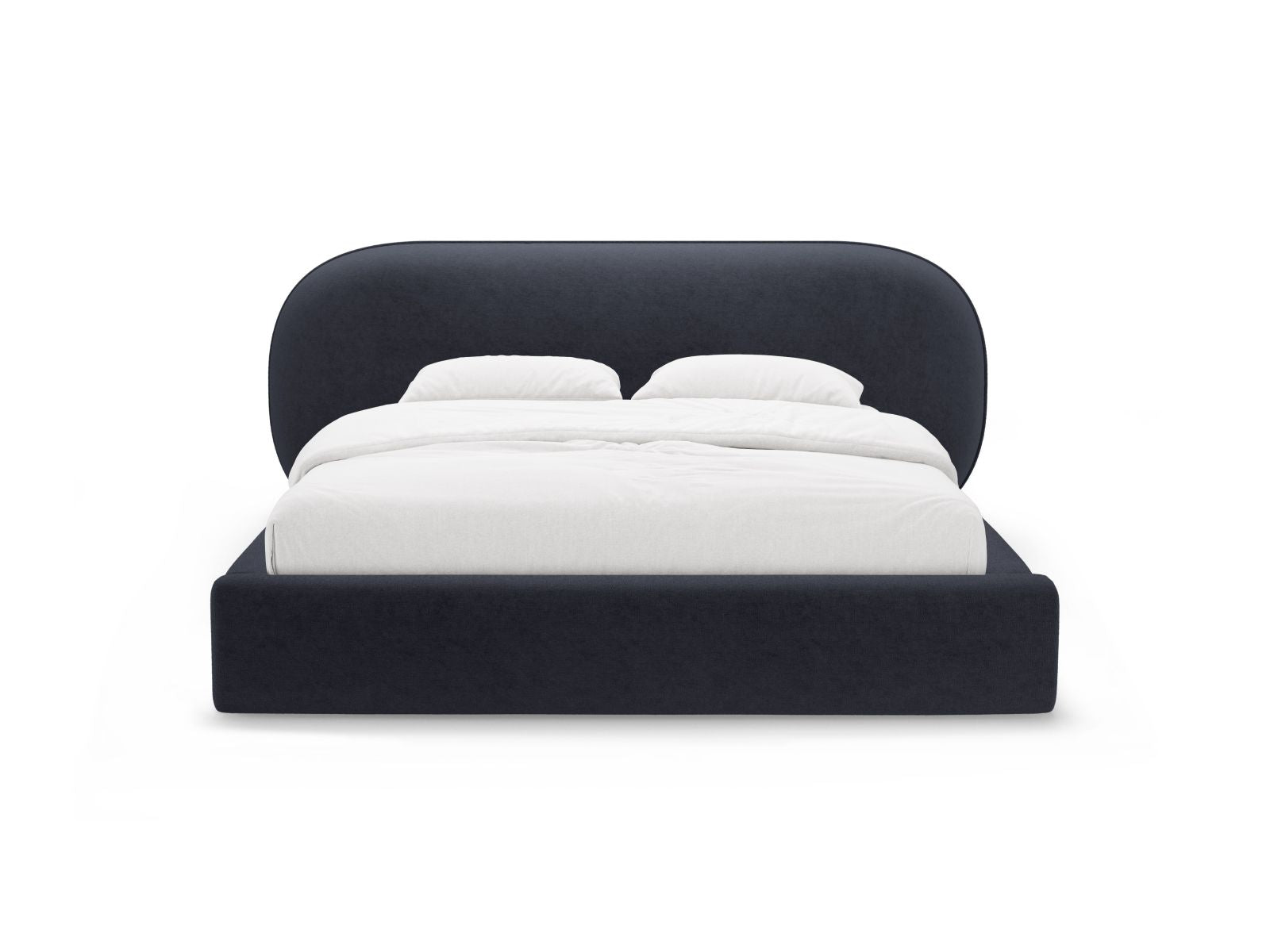 Elegantes Ovalo Bett mit 200 cm Kopfteil und praktischem Stauraum in Dunkelblau, ideal für stilvolle Schlafzimmergestaltung.