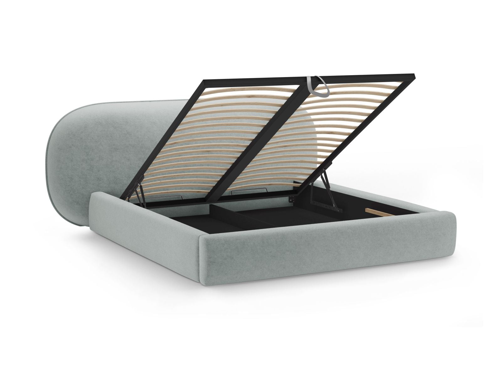 Elegantes Ovalo Bett mit praktischem Stauraum und stilvollem Kopfteil in sanftem Hellblau, ideal für ein modernes Schlafzimmer.