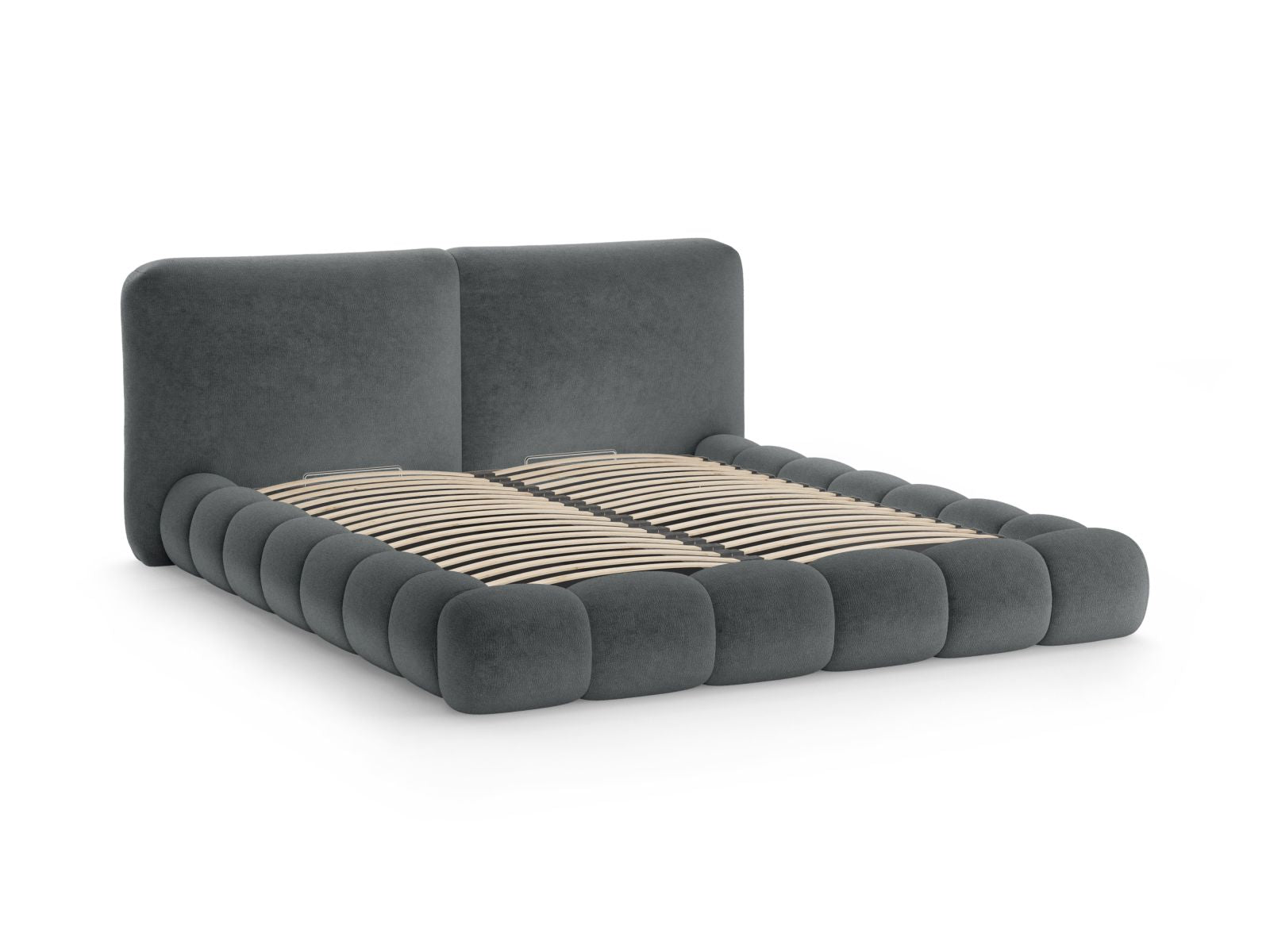 Elegantes Solange Bett in Dunkelgrau, ausgestattet mit praktischem Stauraum und einem stilvollen Kopfteil, ideal für moderne Schlafzimmer.