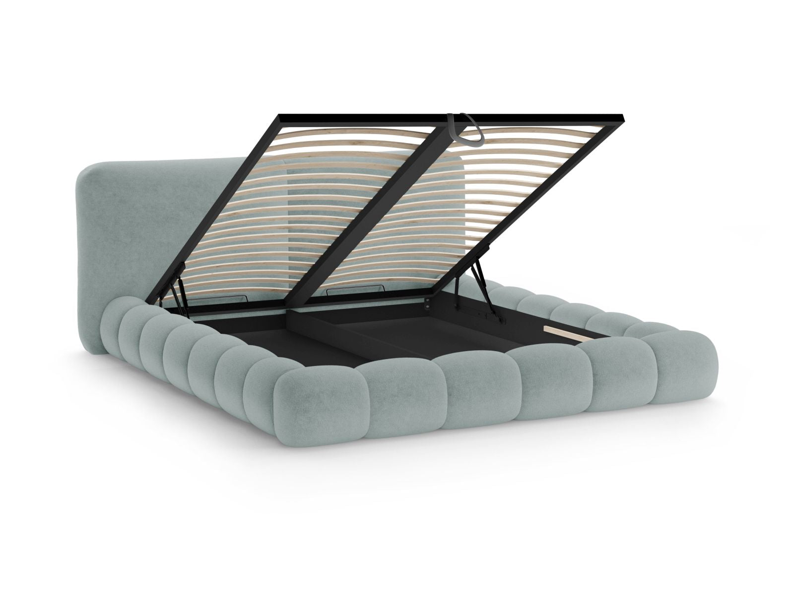 Modernes Solange Bett in zartem Hellblau, ideal für stilvolle Schlafzimmer, bietet praktischen Stauraum und ein geschmackvolles Kopfteil.