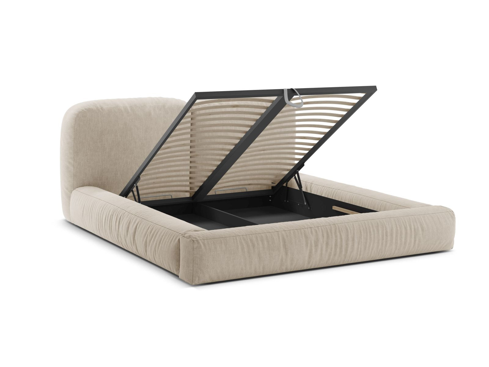 Stylisches Martina Bett in sanftem Beige, perfekt für zeitgemäße Schlafzimmer, ausgestattet mit praktischem Stauraum und einem ansprechenden Kopfteil.