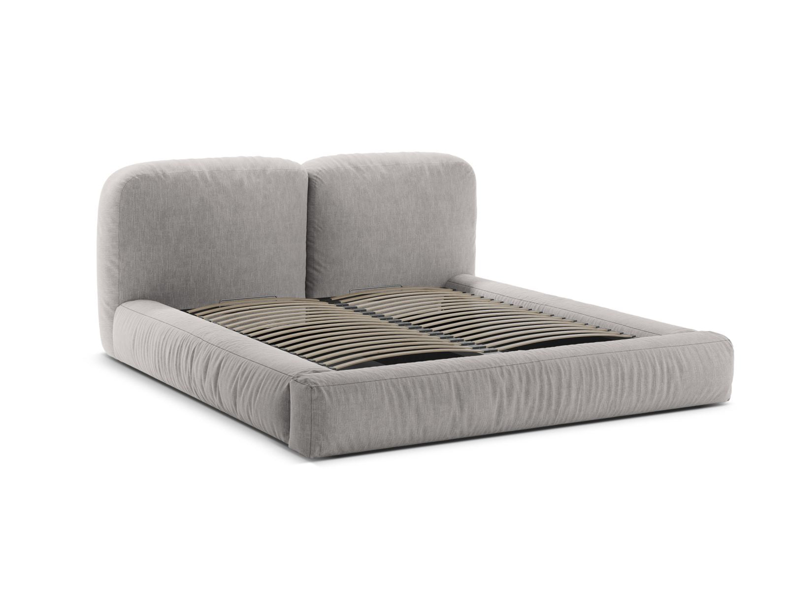 Elegantes Martina Bett mit praktischem Stauraum und stilvollem Kopfteil in hellem Grau, ideal für moderne Schlafzimmer.