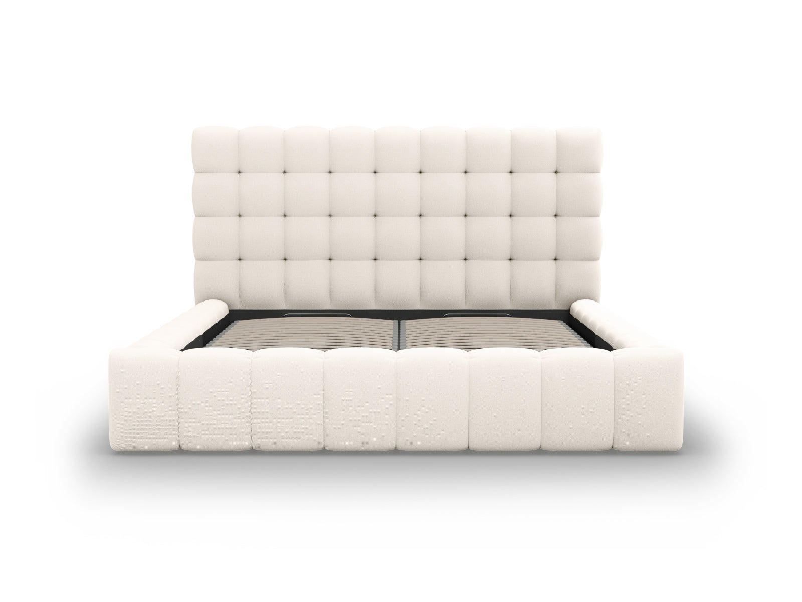 Entdecken Sie das Mamaia Bett von Micadoni: 225 cm breit, elegantes Design, integrierter Stauraum und gepolstertes Headboard für höchsten Komfort.