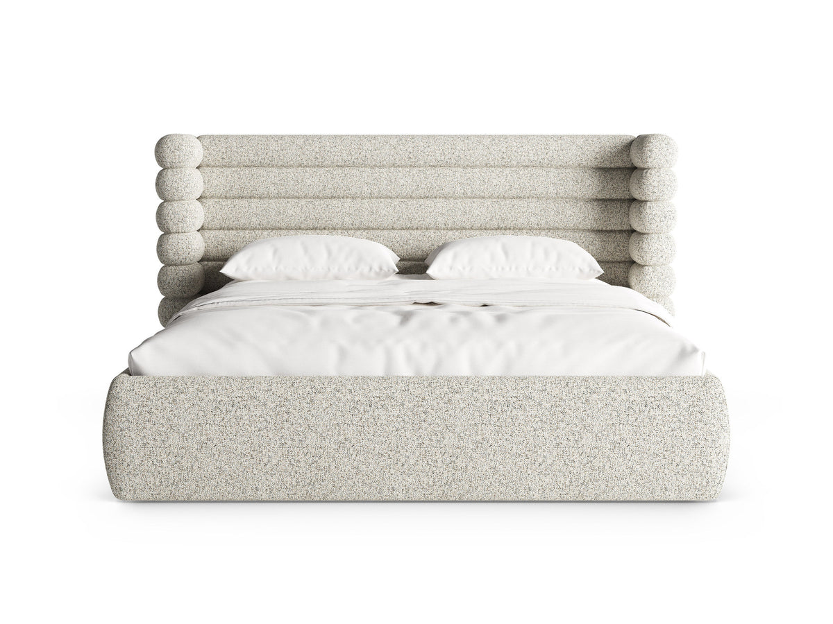 Mount Stauraumbett mit Kopfteil von Micadoni, Bettgestell mit gepolstertem Kopfteil in Beige Melange-Puente und Bettkasten mit Gaslift-Mechanismus.
