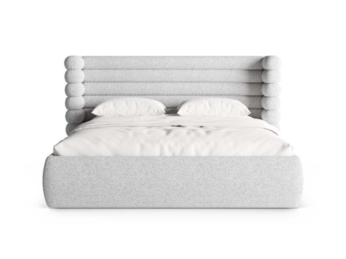 Mount Stauraumbett mit Kopfteil von Micadoni, Bettgestell mit gepolstertem Kopfteil in Beige Melange-Puente und Bettkasten mit Gaslift-Mechanismus.