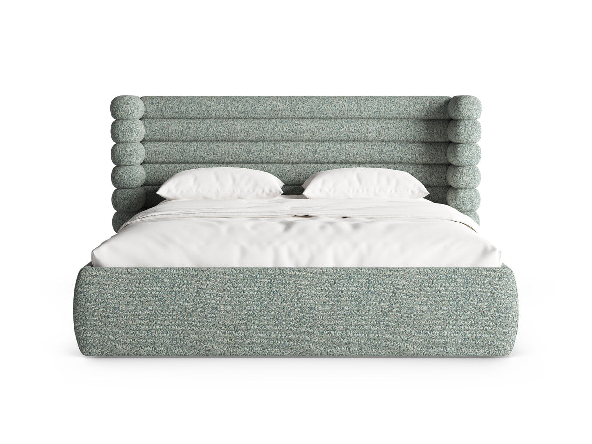 Mount Stauraumbett mit Kopfteil von Micadoni, Bettgestell mit gepolstertem Kopfteil in Beige Melange-Puente und Bettkasten mit Gaslift-Mechanismus.