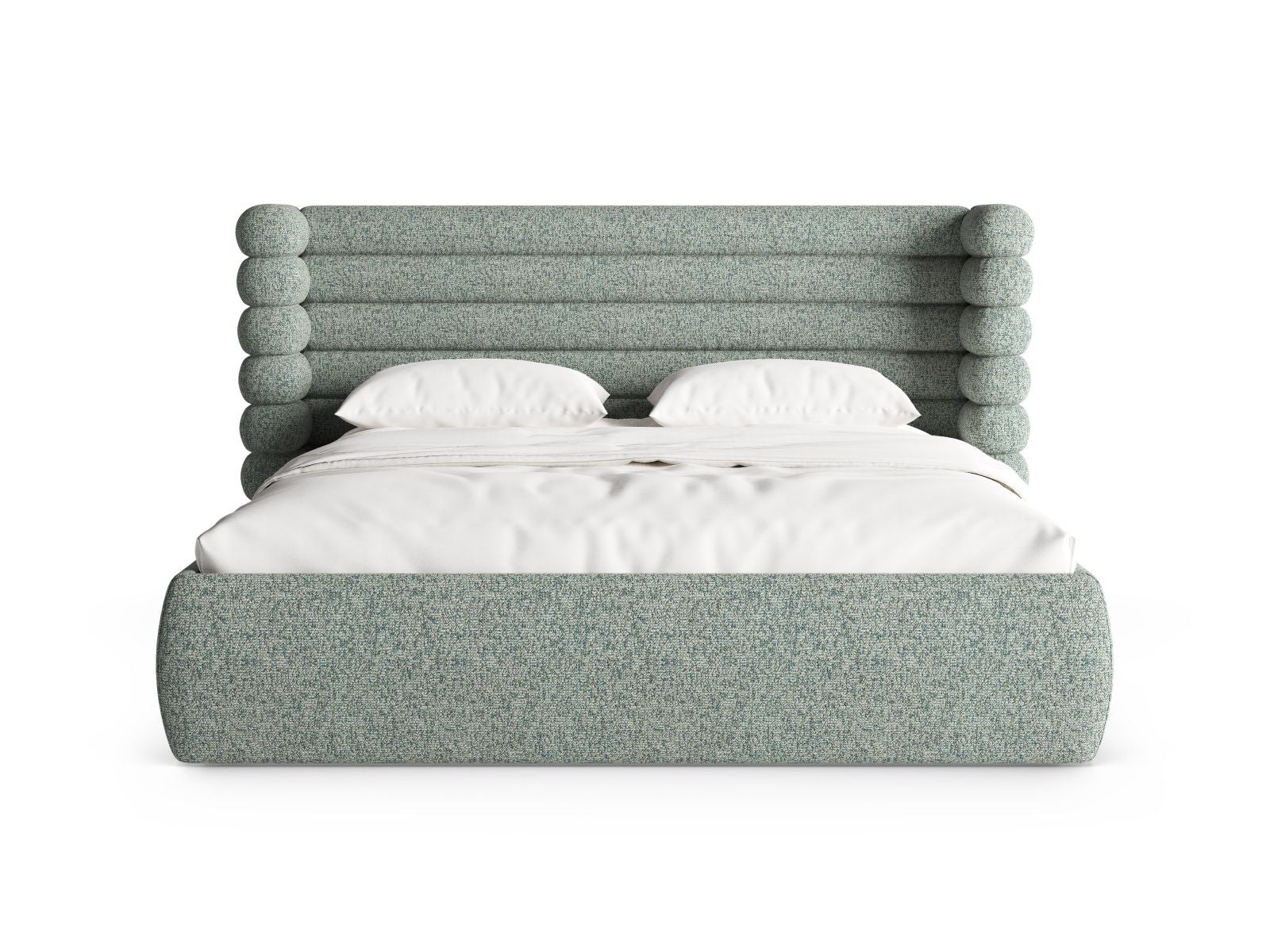 Elegantes Mount Bett in Moss Green Melange mit praktischem Stauraum und stilvollem Kopfteil, ideal für modernes Wohnen.