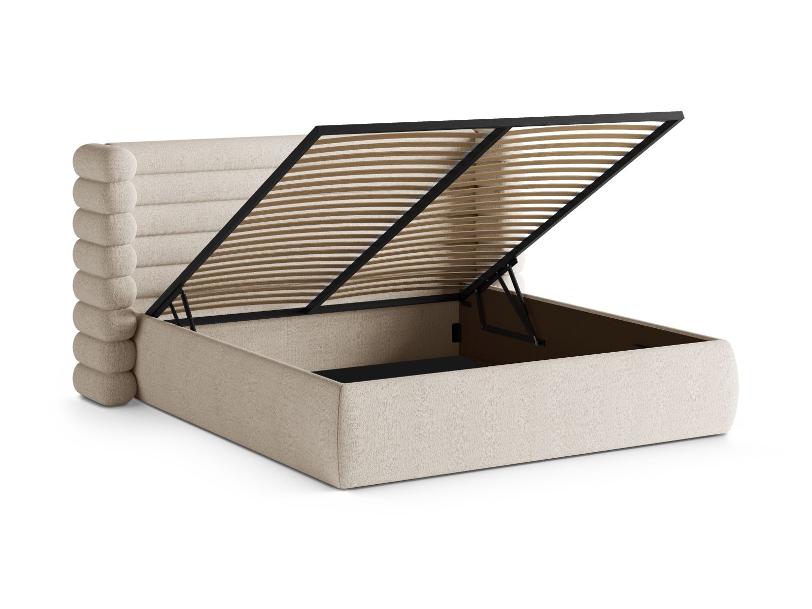 Stylisches Mount Bett in sanftem Beige, ausgestattet mit praktischem Stauraum und einem ansprechenden Kopfteil für zeitgemäße Schlafzimmer.