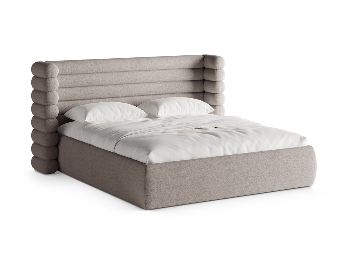 Mount Stauraumbett mit Kopfteil von Micadoni, Bettgestell mit gepolstertem Kopfteil in Beige Melange-Puente und Bettkasten mit Gaslift-Mechanismus.
