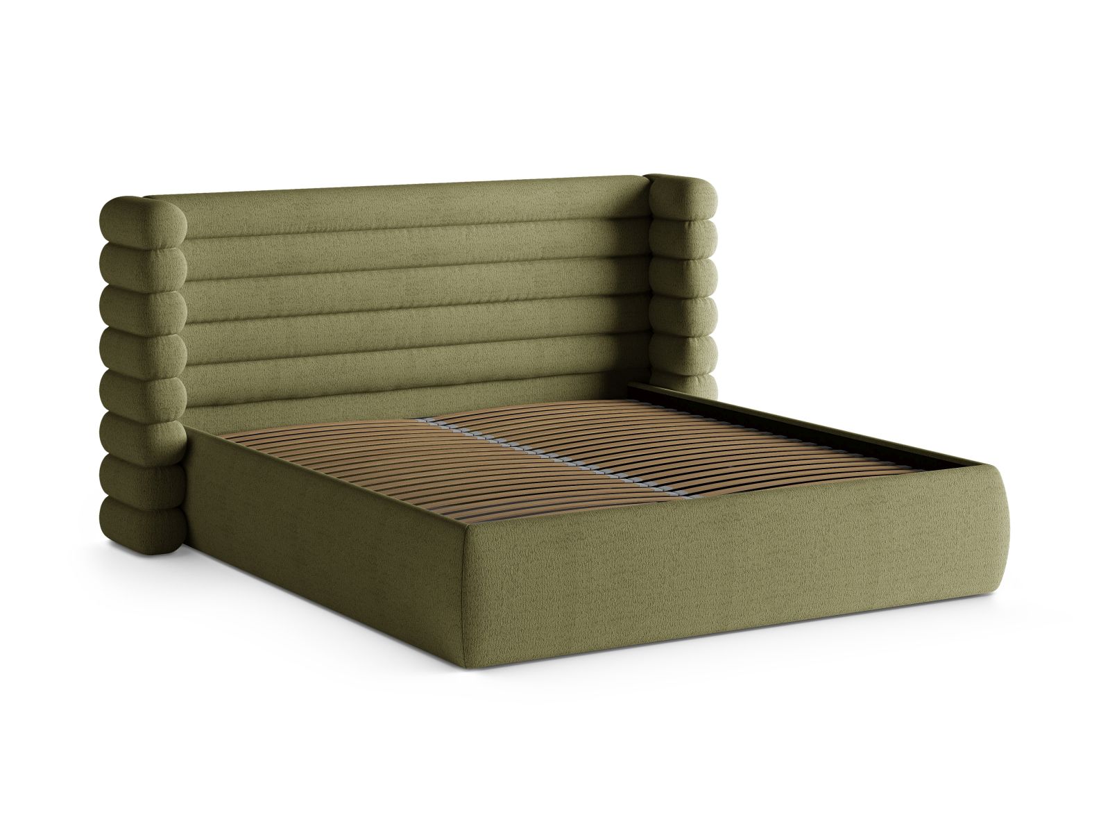 Elegantes Mount Bett mit praktischem Stauraum und stilvollem Kopfteil in Light Olive-CORAL, ideal für moderne Schlafzimmergestaltung.