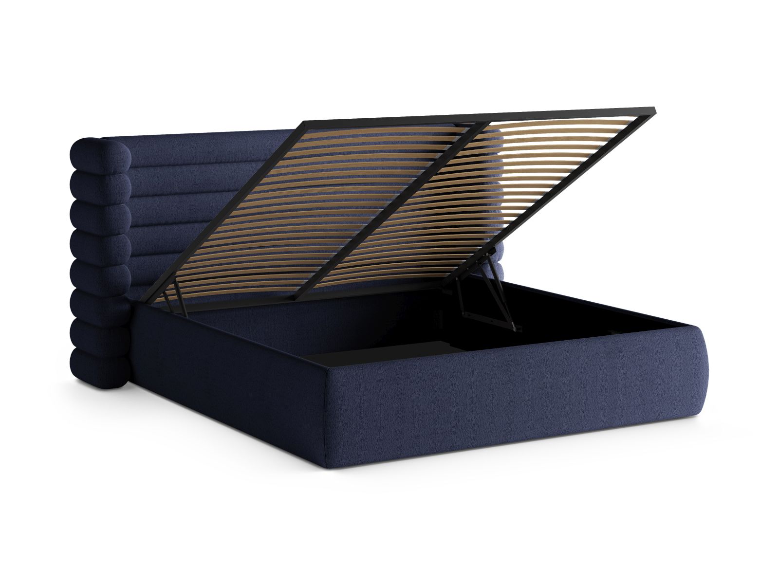 Modernes Mount Bett in edlem Navy Blue, bietet großzügigen Stauraum und ein ansprechendes Kopfteil für stilvolle Schlafzimmergestaltung.