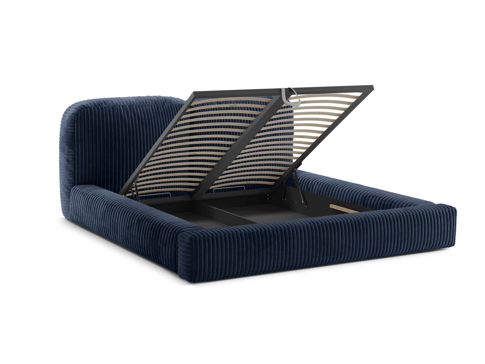 Modernes Martina Bett in Blau, ausgestattet mit praktischem Stauraum und einem ansprechenden Kopfteil, perfekt für jedes Schlafzimmer.