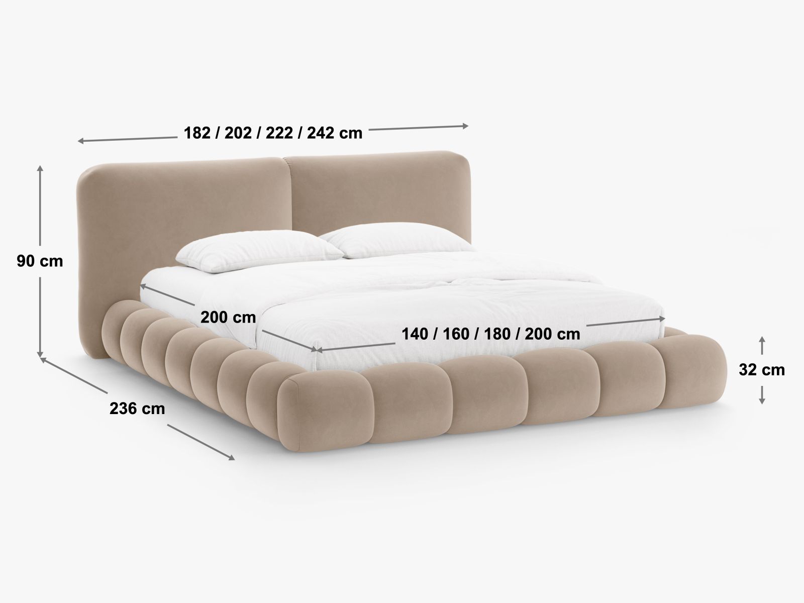 Modernes Solange Bett mit 200 cm hohem Kopfteil und integriertem Stauraum in zartem Beige, perfekt für ein elegantes Schlafzimmer.