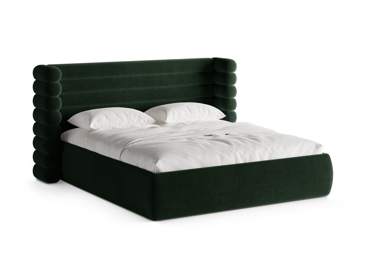 Mount Stauraumbett mit Kopfteil von Micadoni, Bettgestell mit gepolstertem Kopfteil in Beige Melange-Puente und Bettkasten mit Gaslift-Mechanismus.