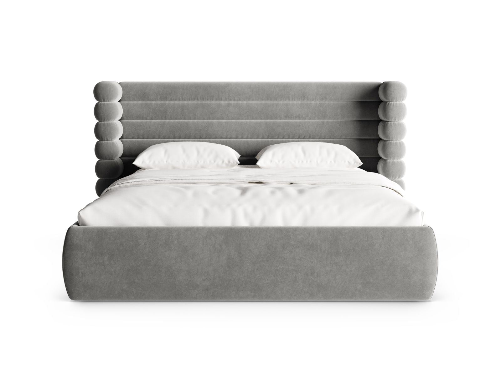 Stylisches Mount Bett mit praktischem Stauraum und elegantem Kopfteil in Grau, ideal für moderne Schlafzimmer. Von Micadoni.