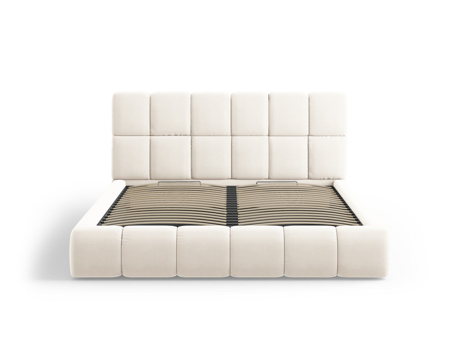 Elegantes Bellis Velour Bett in zartem Beige, ideal für moderne Schlafzimmer, bietet zusätzlichen Stauraum und ein stilvolles Kopfteil.
