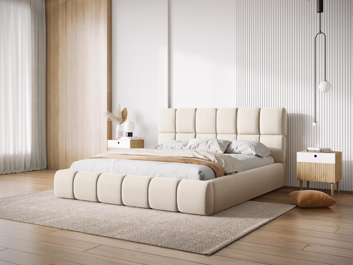 Elegantes Bellis Velour Bett in Light Beige mit praktischem Stauraum und stilvollem Headboard, ideal für moderne Schlafzimmer.