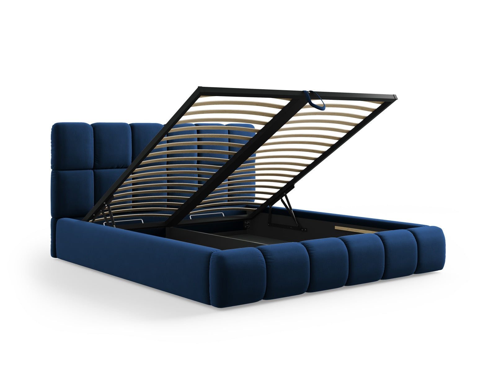 Elegantes Bellis Velour Bett in Royal Blue, ausgestattet mit Stauraum und einem geschmackvollen Kopfteil für zeitgemäße Schlafzimmergestaltung.