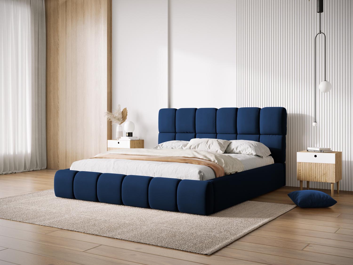 Elegantes Bellis Velour Bett in Royal Blue mit praktischem Stauraum und stilvollem Headboard, ideal für moderne Schlafzimmer.